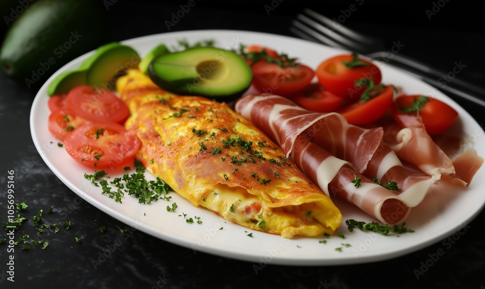 Delicious omelet served with fresh tomatoes, avocado, and cured meat on a plate in a cozy setting Delicious omelet served with fresh tomatoes, avocado, and cured meat on a plate in a cozy setting