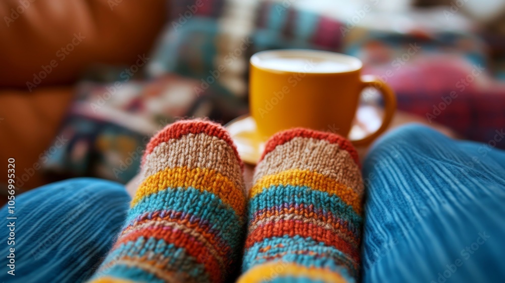 Colorful Knitted Socks and a Yellow Mug on a Couch Colorful Knitted Socks and a Yellow Mug on a Couch