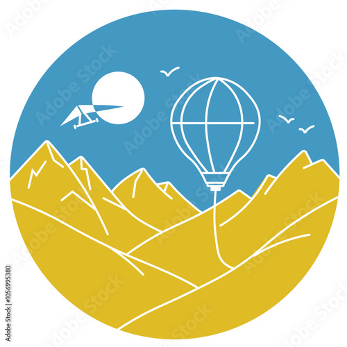 A panoramic view of mountains, a balloon, a hang glider floating in the sky, a minimalist style, the concept of adventure and travel.