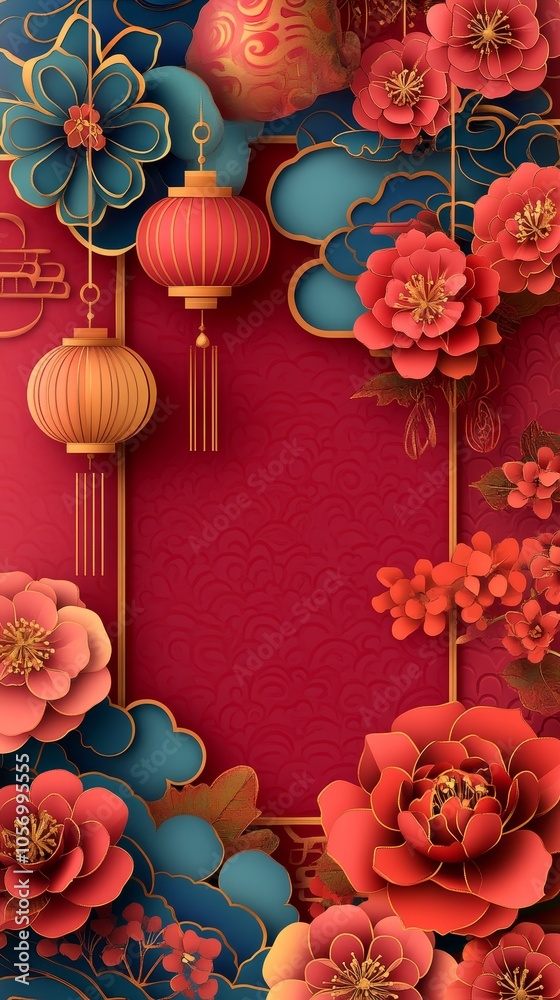 Chinese Lunar New Year with the golden frame  paper-cut style flowers and lanterns