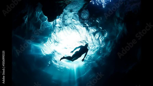 Deep Sea Exploration of a Diver Surrounded by Darkness. A Journey into the Unknown with a Sense of Wonder.