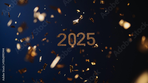 new year 2025, gold line typography of "2025" on a navy background, gold confetti, New Year party