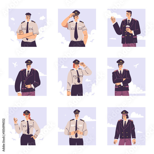 Pilot Man and Woman Character in Uniform with Tie Vector Set