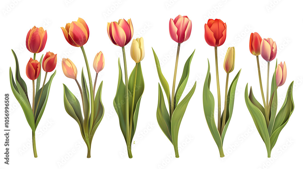 Set of beautiful red and orange spring tulips on white background. Botanical vintage watercolor illustration. Spring composition for greeting cards, holidays Set of beautiful red and orange spring tulips on white background. Botanical vintage watercolor illustration. Spring composition for greeting cards, holidays