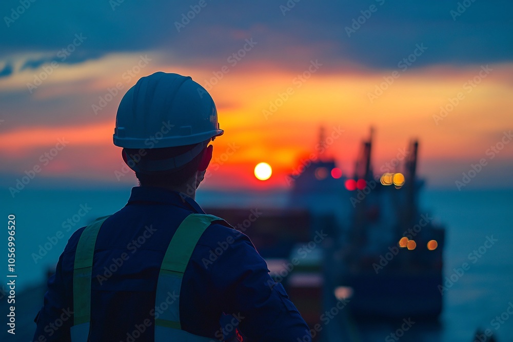 As the sun sets on the horizon, a worker in a hard hat gazes out over the port, taking in the silhouettes of cargo ships and cranes illuminated by warm lights. As the sun sets on the horizon, a worker in a hard hat gazes out over the port, taking in the silhouettes of cargo ships and cranes illuminated by warm lights.