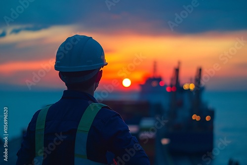 As the sun sets on the horizon, a worker in a hard hat gazes out over the port, taking in the silhouettes of cargo ships and cranes illuminated by warm lights.