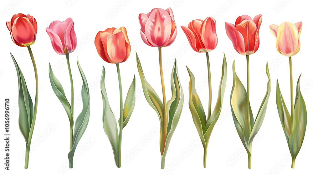 Set of beautiful red and orange spring tulips on white background. Botanical vintage watercolor illustration. Spring composition for greeting cards, holidays Set of beautiful red and orange spring tulips on white background. Botanical vintage watercolor illustration. Spring composition for greeting cards, holidays