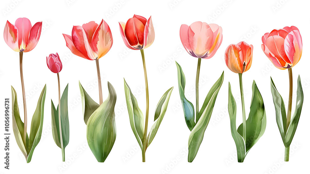 Set of beautiful red and orange spring tulips on white background. Botanical vintage watercolor illustration. Spring composition for greeting cards, holidays Set of beautiful red and orange spring tulips on white background. Botanical vintage watercolor illustration. Spring composition for greeting cards, holidays