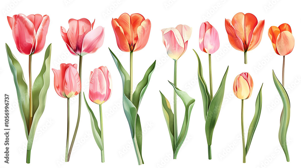 Set of beautiful red and orange spring tulips on white background. Botanical vintage watercolor illustration. Spring composition for greeting cards, holidays Set of beautiful red and orange spring tulips on white background. Botanical vintage watercolor illustration. Spring composition for greeting cards, holidays