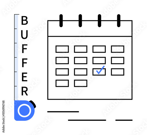 Wirebound calendar with daily boxes, one marked with a check symbol and a vertical buffer gauge. Ideal for productivity, scheduling, task management, planning, organization, timelines, and project