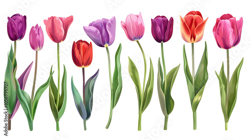 Set of beautiful red and purple spring tulips on white background. Botanical vintage watercolor illustration. Spring composition for greeting cards, holidays 