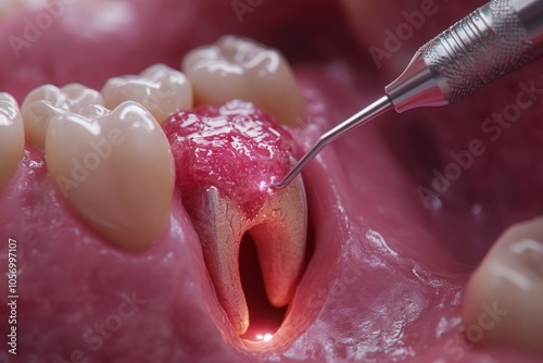 Root Canal Procedure Close-Up View of Dental Tools and Infected Tooth During Endodontic Treatment, Dentist Clinic photo