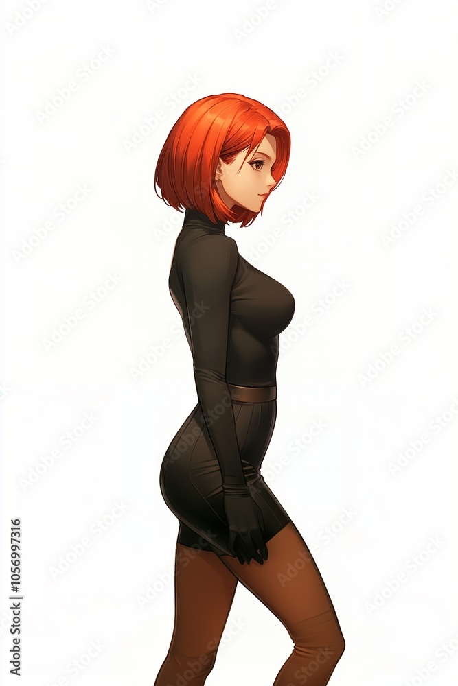 A stylish character with a bob hairstyle wears a fitted outfit, striking a confident pose against a simple background A stylish character with a bob hairstyle wears a fitted outfit, striking a confident pose against a simple background