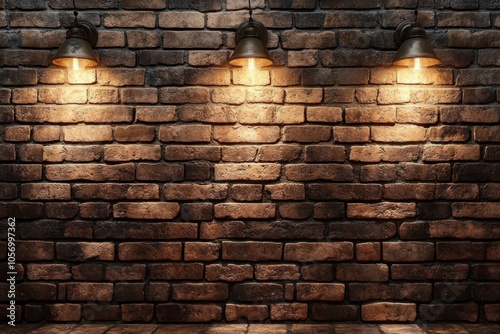 Rustic Brick Wall Interior Design with Three Hanging Lights, Exposed Brick Wall Texture, Industrial Style, Vintage Lighting, Brick Wall Background, Brickwork Pattern, Modern Interior, Decorative