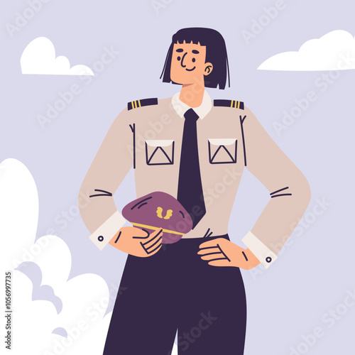 Pilot Woman Character in Uniform with Tie Vector Illustration