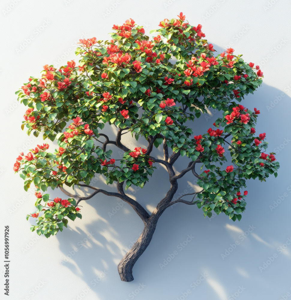 top down view of realistic green tree with vibrant red flowers, showcasing its lush foliage and intricate branches. This beautiful tree adds touch of nature elegance to any setting top down view of realistic green tree with vibrant red flowers, showcasing its lush foliage and intricate branches. This beautiful tree adds touch of nature elegance to any setting