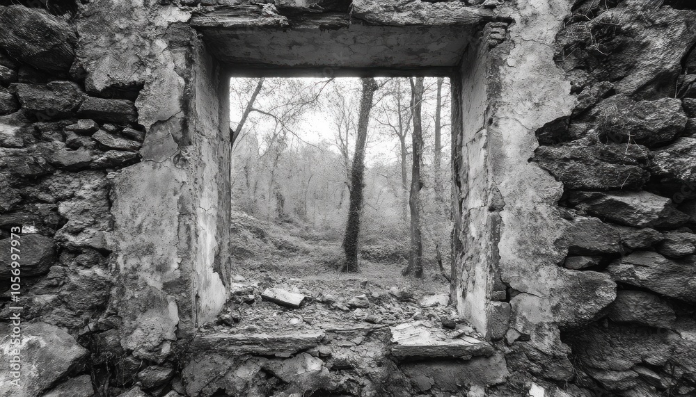 Fototapeta premium Solitude in Stone A Window to Abandoned Decay, A Glimpse of Nature's Reclaim, Loneliness in the Ruins of Time, A Silent Witness to the Past, An Empty Frame, A Haunting Reminder of What Once Was