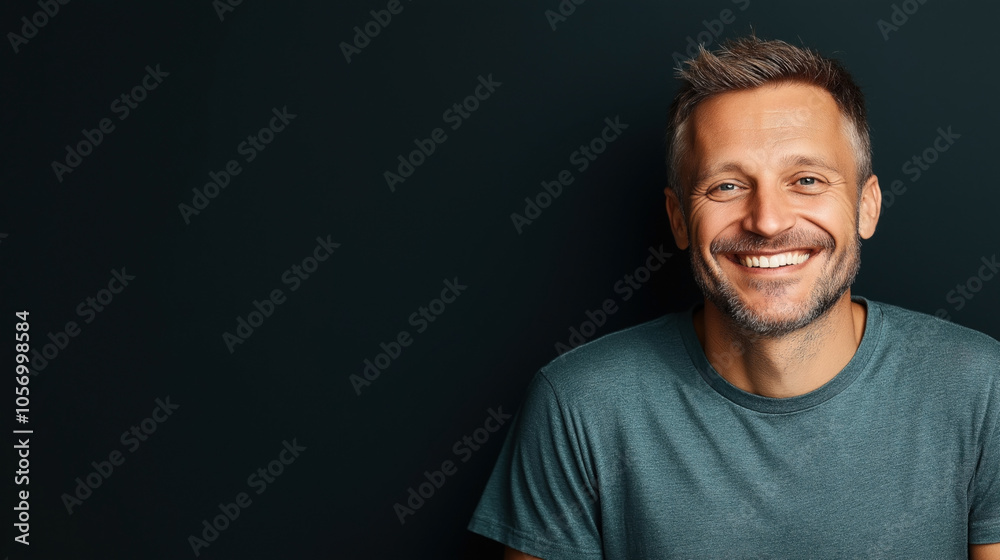 Smiling middle-aged man with short hair and stubble in a casual t-shirt against a dark background Smiling middle-aged man with short hair and stubble in a casual t-shirt against a dark background