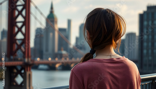 Thoughtful girl watching city views bridge closeup. Sad woman looking vertical isolated with white shades, png photo