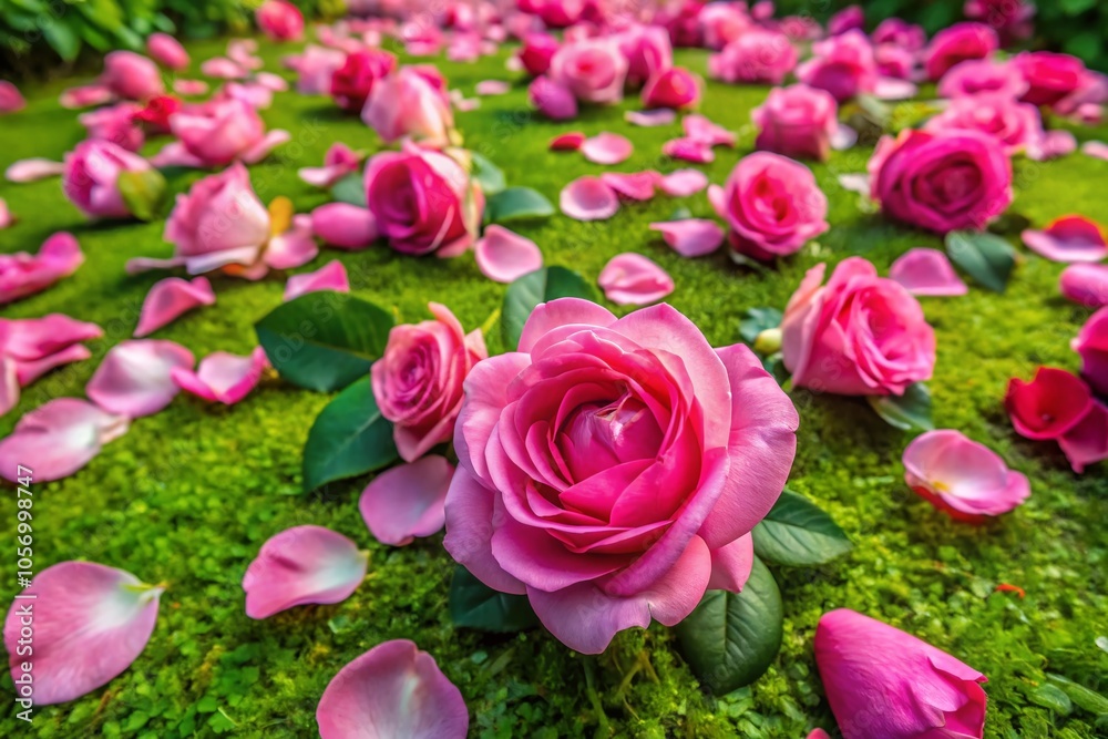 Aerial View of Vibrant Pink Rose Petals Creating a Natural Carpet in a Lush Garden Aerial View of Vibrant Pink Rose Petals Creating a Natural Carpet in a Lush Garden