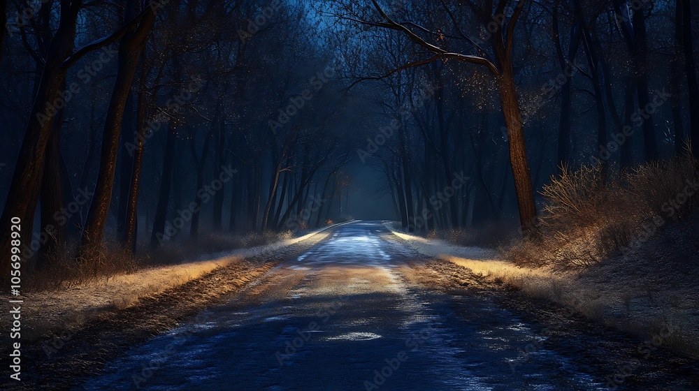 A snow covered road with trees and street lights at night A snow covered road with trees and street lights at night