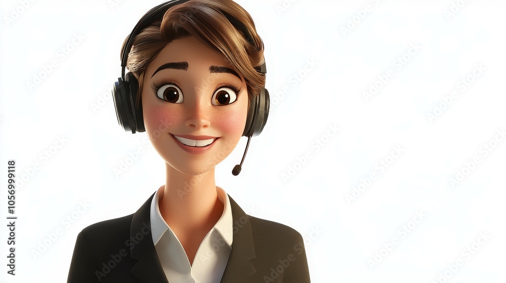 A customer service woman wearing professional attire and headphones is smiling A customer service woman wearing professional attire and headphones is smiling