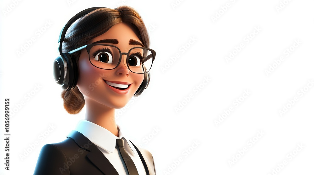 A customer service woman wearing professional attire and headphones is smiling A customer service woman wearing professional attire and headphones is smiling