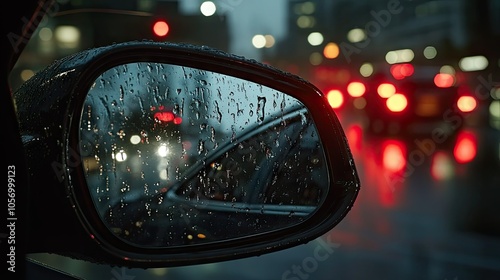 Close-up of raindrops on a car's rearview mirror, with blurred traffic lights reflecting in the background through a rainy windshield.