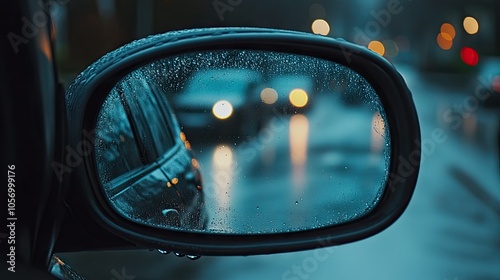 Close-up of rearview mirror with raindrops and a blurred street view, capturing the calm atmosphere of a rainy commute.