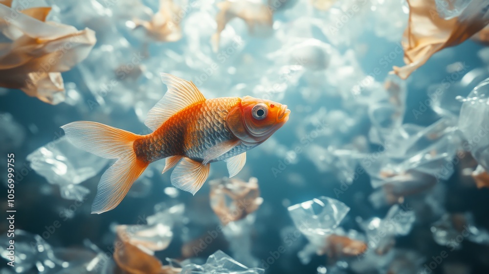 A Goldfish Trapped in a Sea of Plastic Waste A Goldfish Trapped in a Sea of Plastic Waste