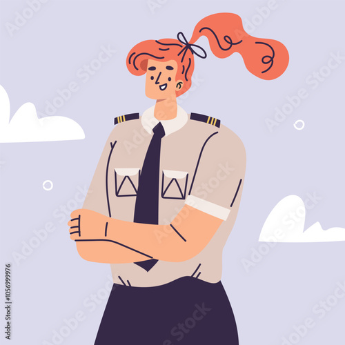 Pilot Redhead Woman Character in Uniform with Tie Vector Illustration