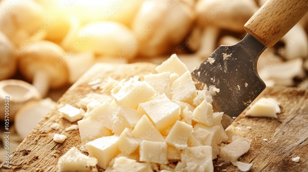 Fototapeta premium Freshly Sliced Mushrooms on Wooden Cutting Board for Cooking