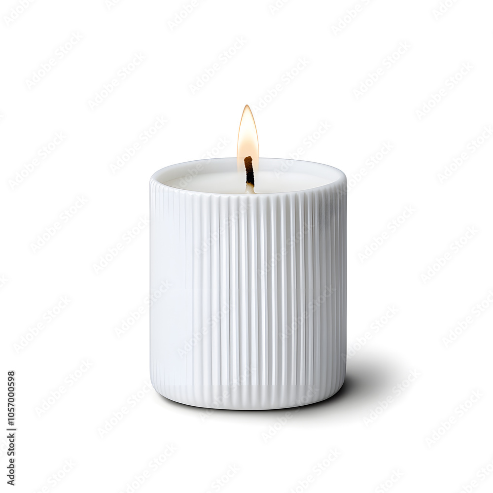 Candle with flame in a minimalist holder isolated on white background Candle with flame in a minimalist holder isolated on white background