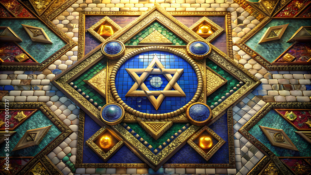 Star of David Mosaic with Gold and Blue Geometric Pattern Star of David Mosaic with Gold and Blue Geometric Pattern