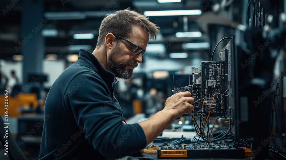Man with glasses working on a circuit board in a modern office or lab environment, focused on electronics assembly and testing with soldering tools and wires. Man with glasses working on a circuit board in a modern office or lab environment, focused on electronics assembly and testing with soldering tools and wires.