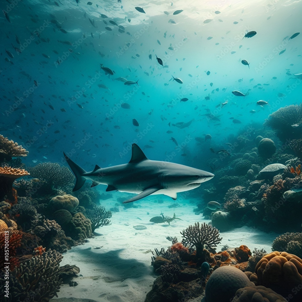 Fototapeta premium A shark swimming slowly near the ocean floor with a coral reef background