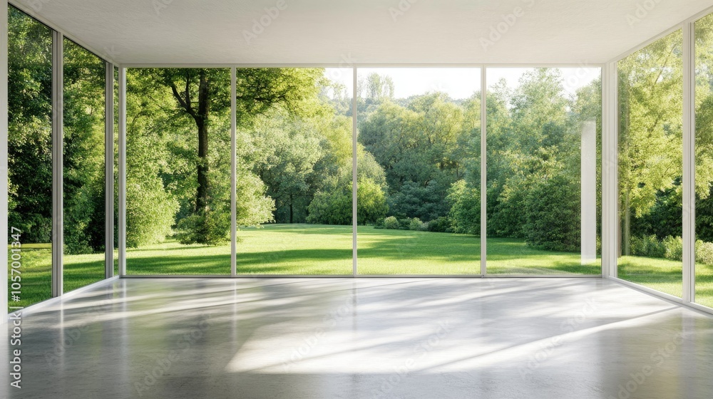 Empty sunlit room with floor-to-ceiling windows, smooth concrete floor, and bright walls. Sunlight enhances the open, airy atmosphere. Empty sunlit room with floor-to-ceiling windows, smooth concrete floor, and bright walls. Sunlight enhances the open, airy atmosphere.