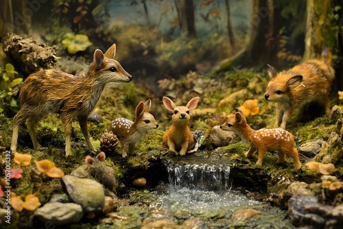 Miniature Deer Family by a Cascading Stream in a Lush Forest Setting photo