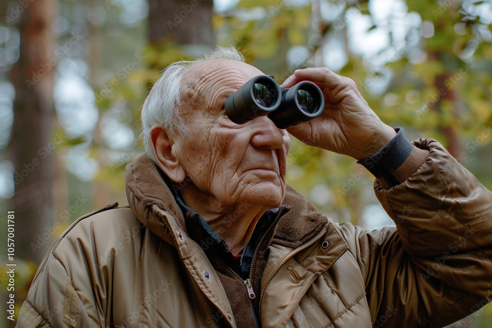 Senior elderly man looks into camera with binoculars in hands and waterfall on the background. Birdwatching, zoology, ecology. Ornithology, research in nature, observation of birds. Adventure Senior elderly man looks into camera with binoculars in hands and waterfall on the background. Birdwatching, zoology, ecology. Ornithology, research in nature, observation of birds. Adventure