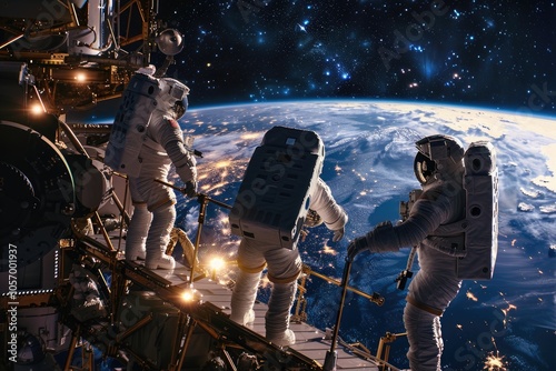 Fototapeta Naklejka Na Ścianę i Meble -  Astronauts Working Outside the International Space Station