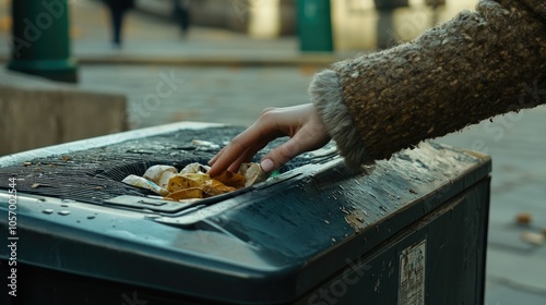 Girl's hand poised over a bin, food waste ready to drop, representing thoughtfulness in disposal habits.