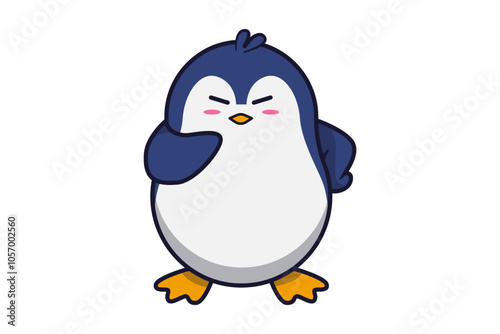 Cute Penguin Thinking with Hand on His Chin Illustration