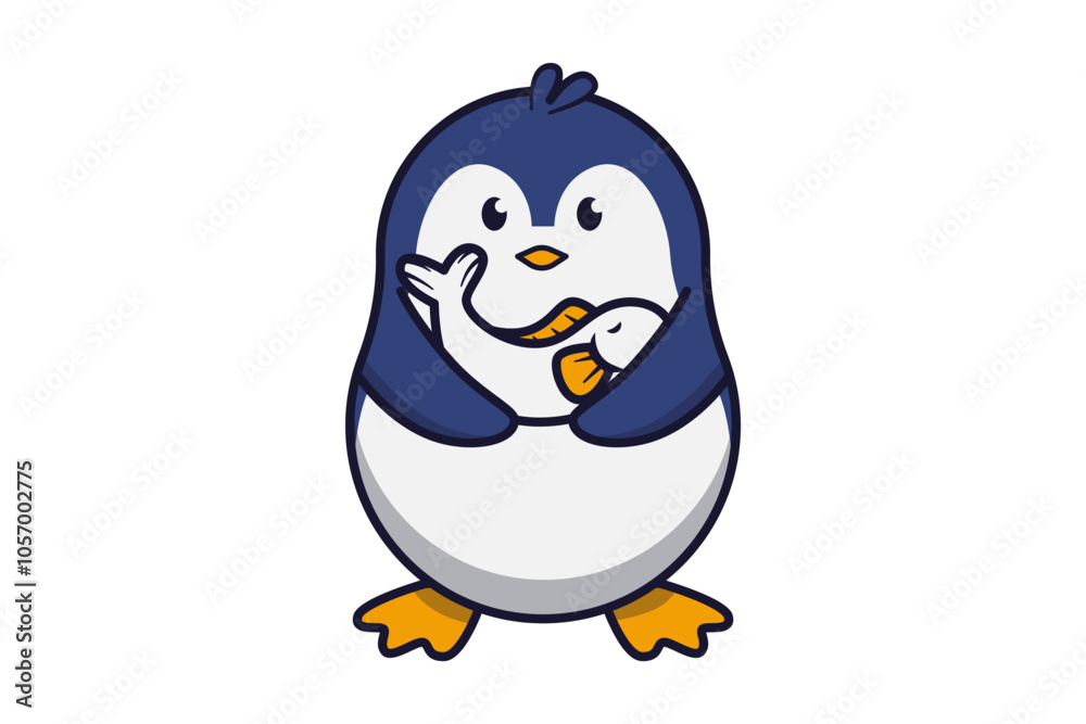 Obraz premium Cute Penguin Holding a Fish Illustration