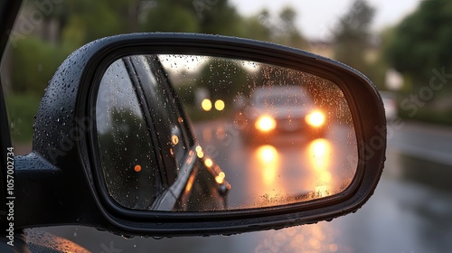 Glistening rain droplets on rearview mirror with blurred headlights, a peaceful image of driving in the rain.