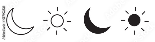 Sun and moon icon vector day and night icon set. dark and light mode icons , Screen brightness and contrast level signs and symbols for app user interface and web elements