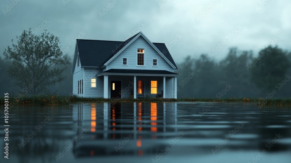 A White House With Lit Windows Stands Amidst Floodwaters and Fog A White House With Lit Windows Stands Amidst Floodwaters and Fog