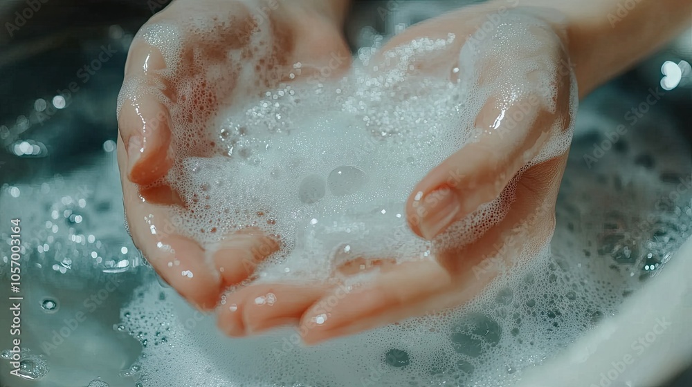 Hands creating bubbles as they rub with soap under water, close-up of foamy lather emphasizing hygiene and cleanliness. Hands creating bubbles as they rub with soap under water, close-up of foamy lather emphasizing hygiene and cleanliness.