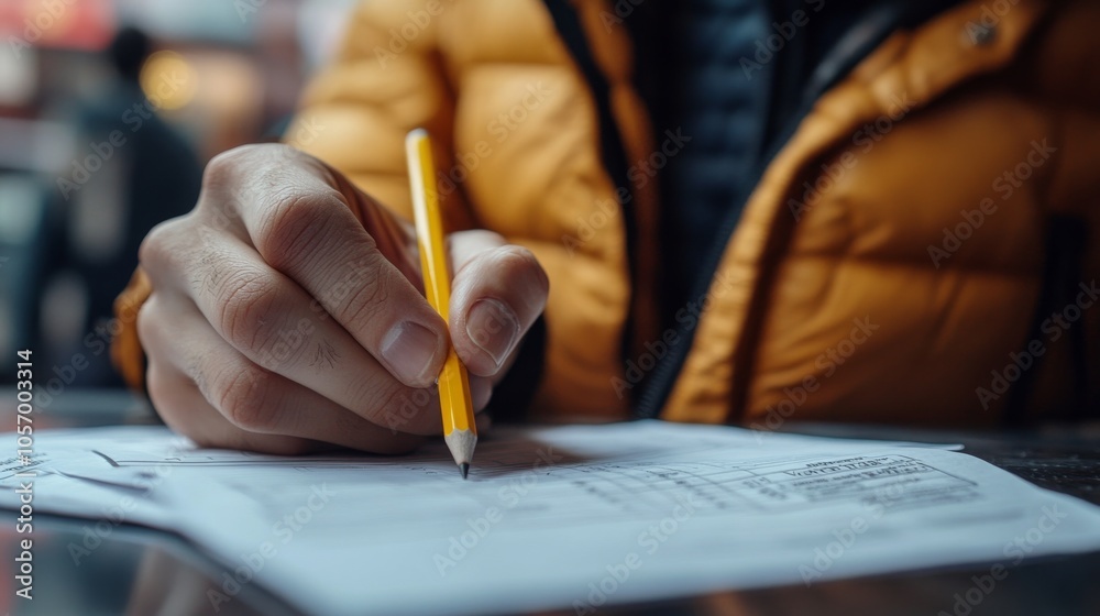 Close-up of a Person's Hand Writing with a Yellow Pencil on Paper Close-up of a Person's Hand Writing with a Yellow Pencil on Paper