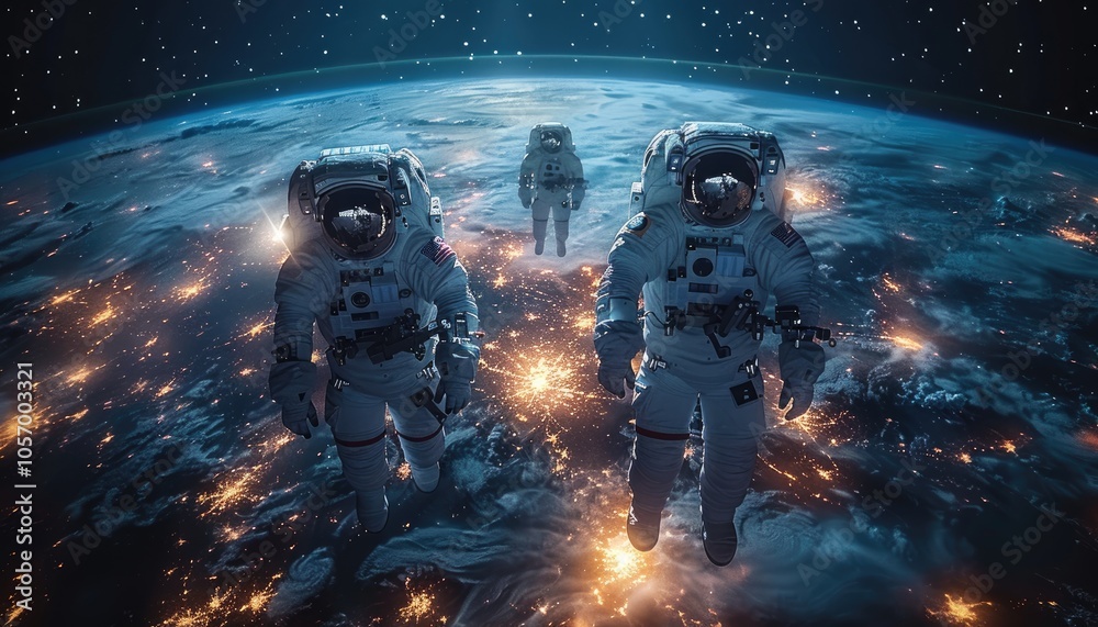 Fototapeta premium Three Astronauts Floating in Space Over Earth at Night