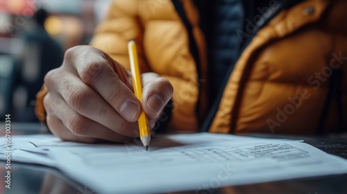 Close-up of a Person's Hand Writing with a Yellow Pencil on Paper photo